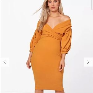 Boohoo Plus Off The Shoulder Wrap Midi Dress